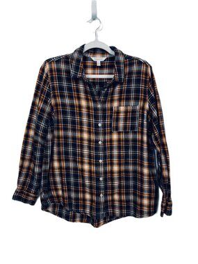 Women's Garnet Hill Black and Orange Plaid Button Down Flannel Shirt Size: 8